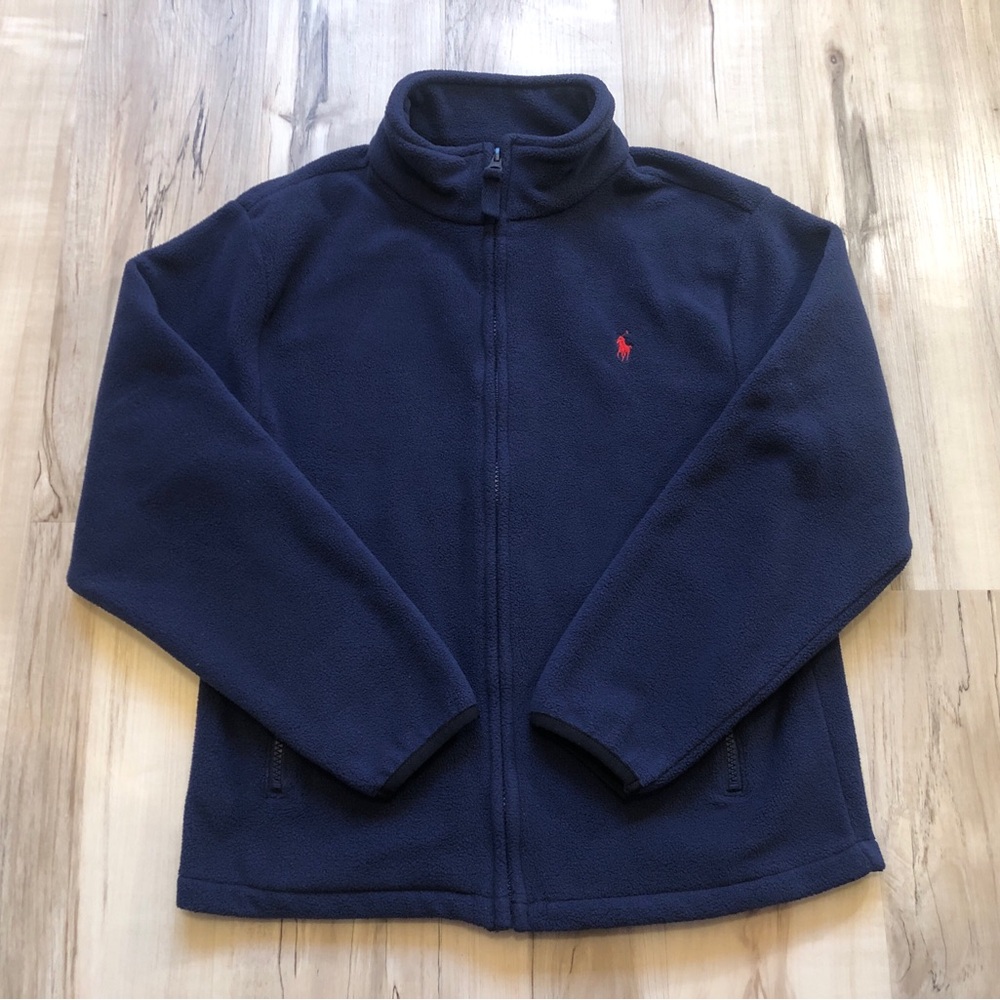 Vintage Polo Ralph Lauren Boys M 12/14 Navy Blue Fleece Full Zip Jacket Pony